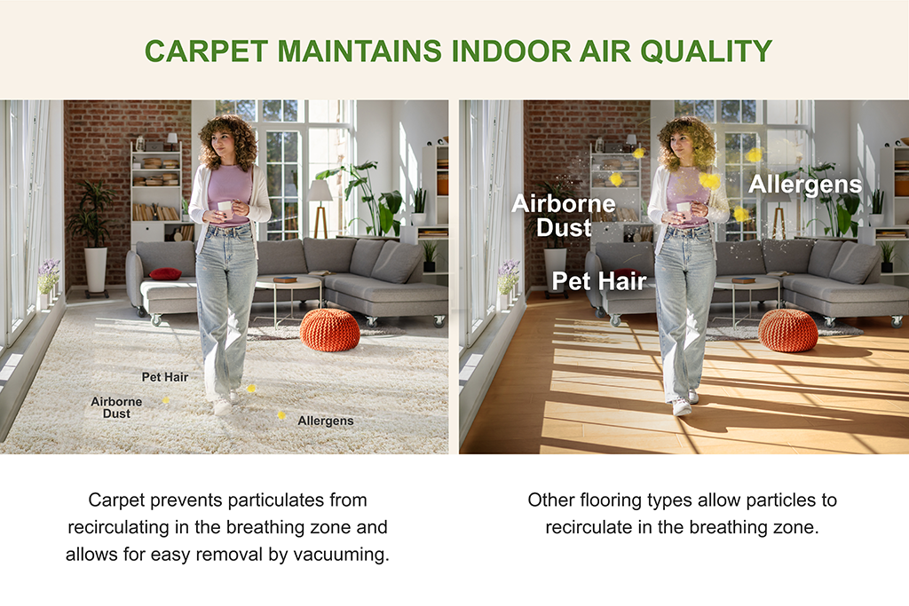 Side-by-side comparison infographic titled "Carpet Maintains Indoor Air Quality." The left panel shows a person walking on carpet where pet hair, airborne dust, and allergens remain trapped low on the floor. The right panel shows the same person on hard surface flooring, where dust, pet hair, and allergens are resuspended high into the air around the breathing zone.